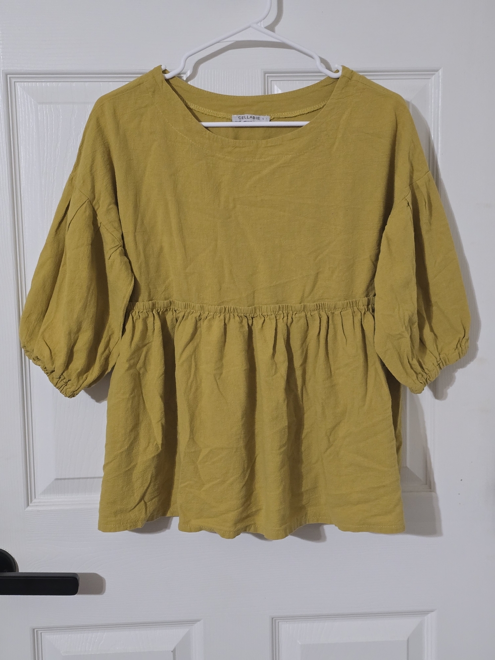 Cellabie Mustard Peplum Puff-Sleeve Blouse